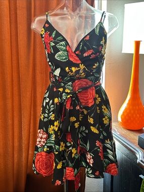 Floral Black Mini Dress with Red & Yellow Blooms
